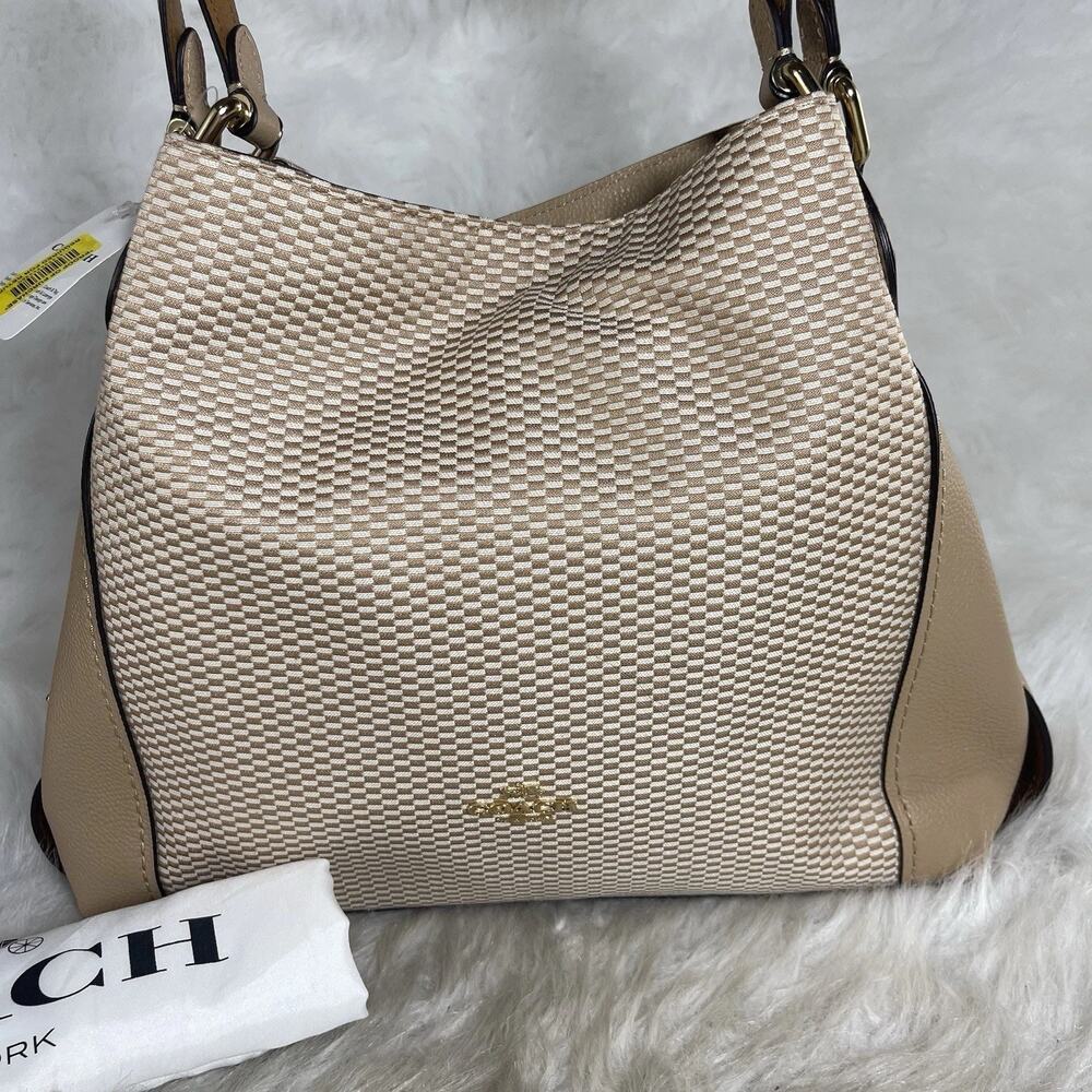 Coach Women’s Beige Woven Pebbled Finish Shoulder Bag, Gold Hardware, Tag